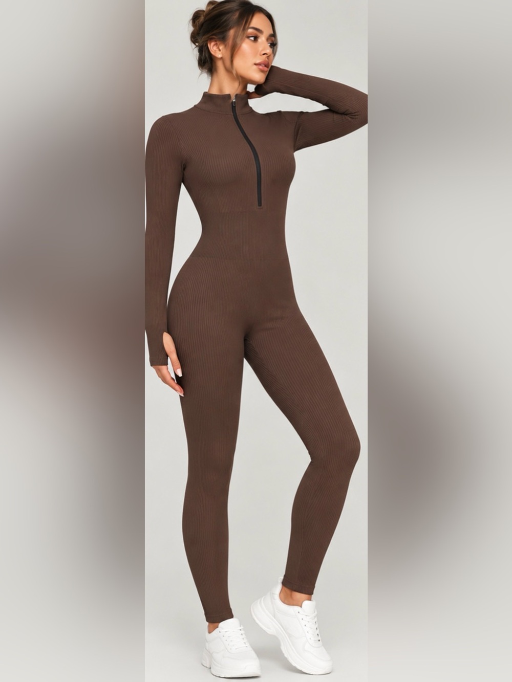 OQQ Brown Ribbed Long Sleeve Zip Jumpsuit Romper Size Medium NWOT